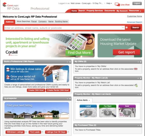 CoreLogic RP Data Professional home screen