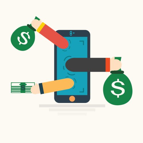 Image of a mobile phone with bags of cash comming in and going out of it - Represents that having an app to book expenses is key to manage cashflow