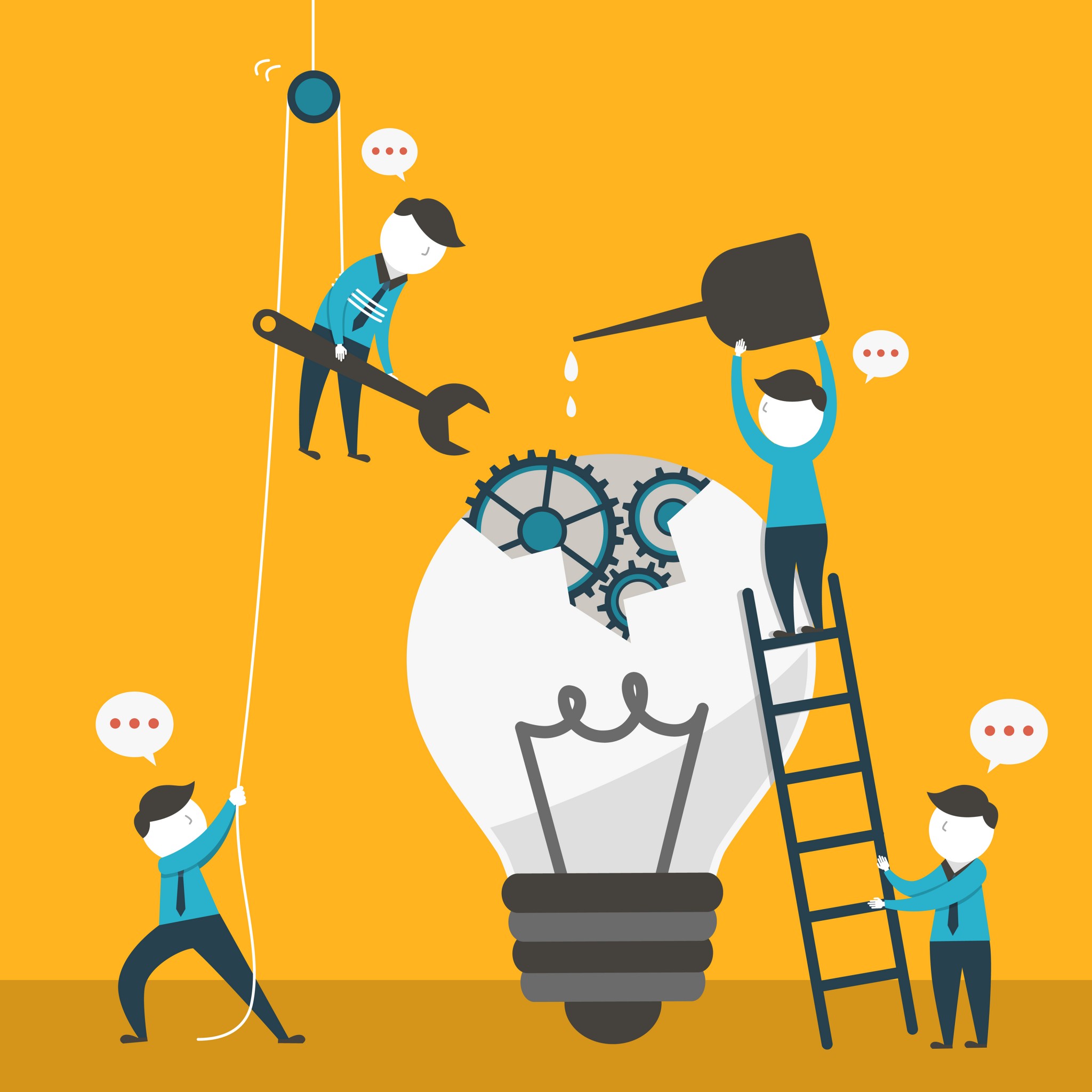 Illustration of 4 men working together to build a lamp - represents that Having an experienced team can be a great help on you joint venture's agreement success