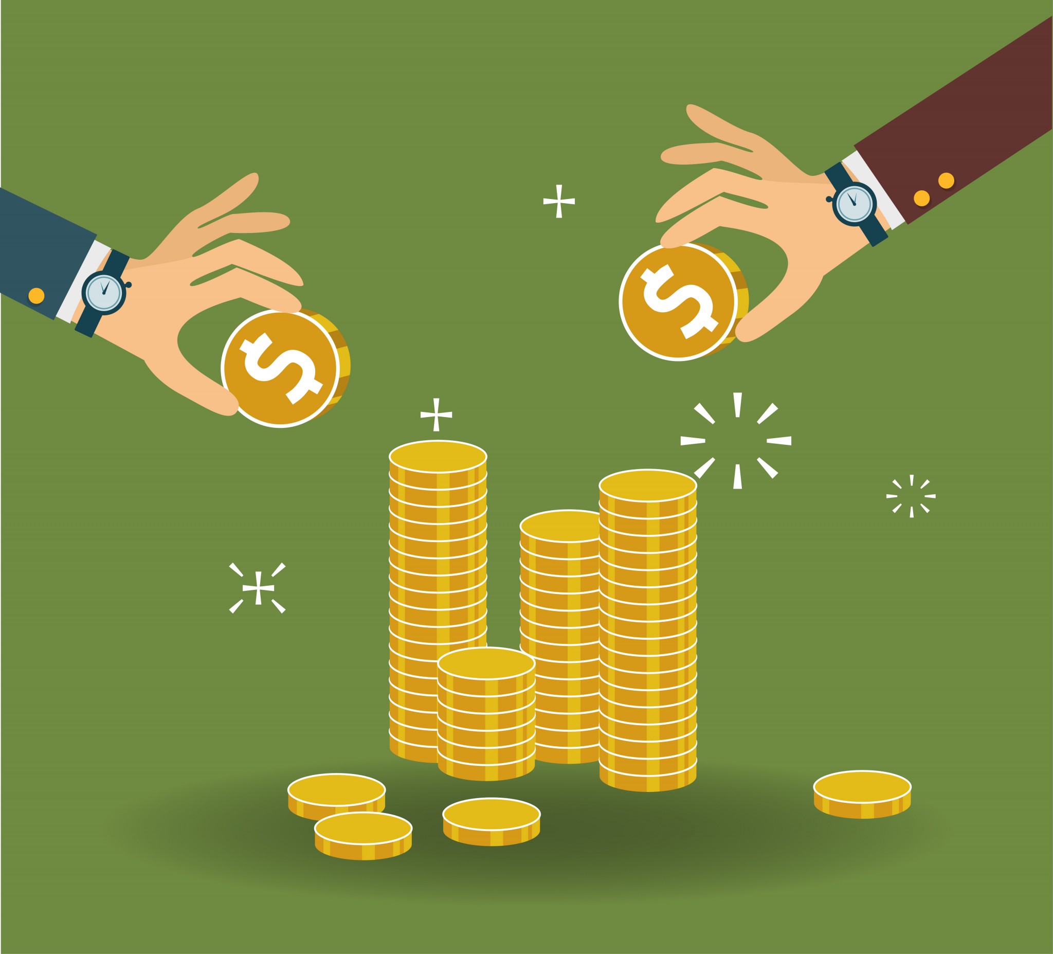Illustration of of two hands placing coins over a stack of coins - represents that your joint venture agreement should discuss the required deposits