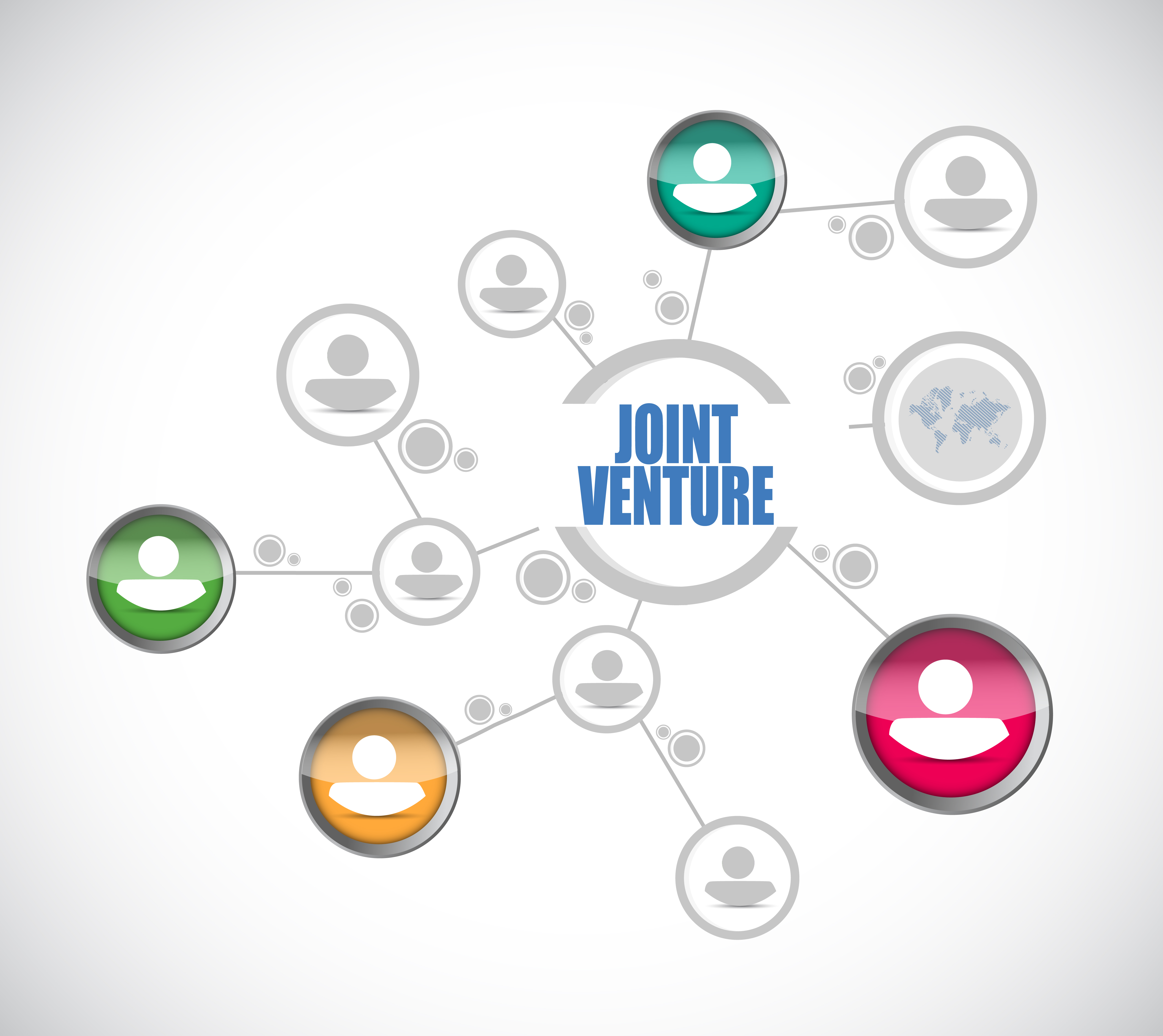 Image with the words joint venture connecting various people in different parts of the worls - represents that Joint ventures are the key to becomming a Property Millionaire