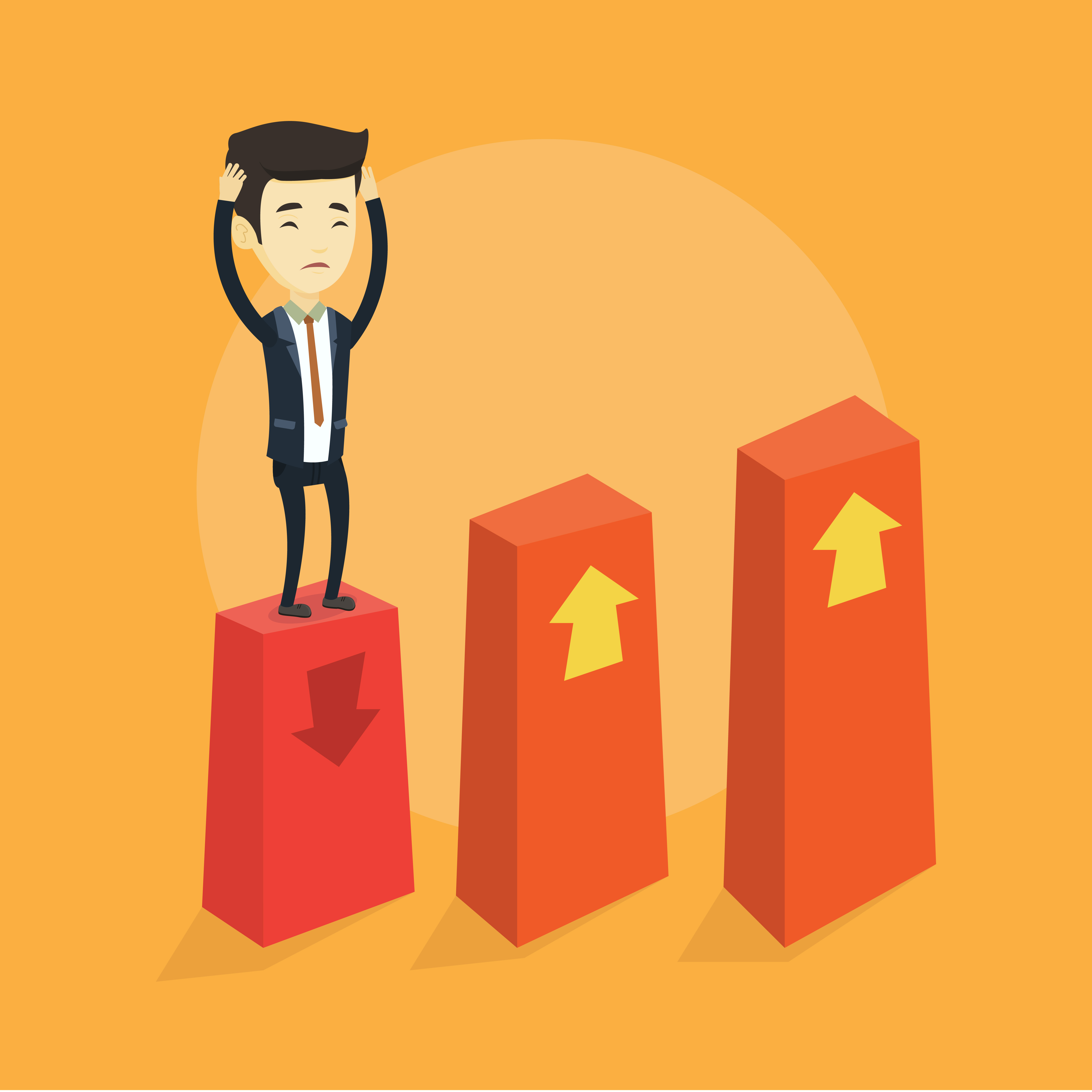 Drawing of a business man standing in the negative bar of a chart - represents that Low self-worth can have serious consequences that extend far beyond your bottom line