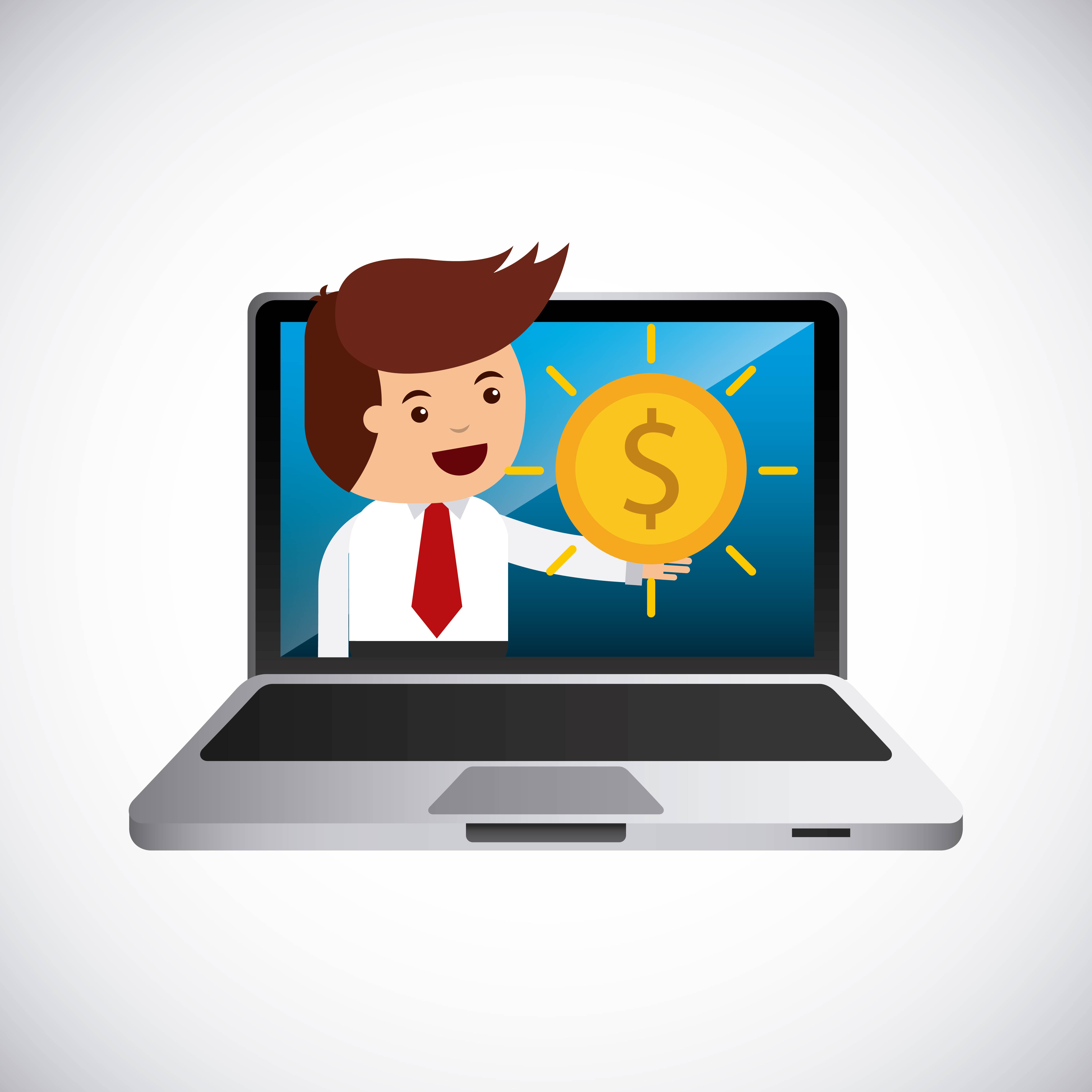 Drawing of a business man inside the screen of a laptop with a coin on his hand - represents that To revert low sef-worth you need change the way you look at yourself