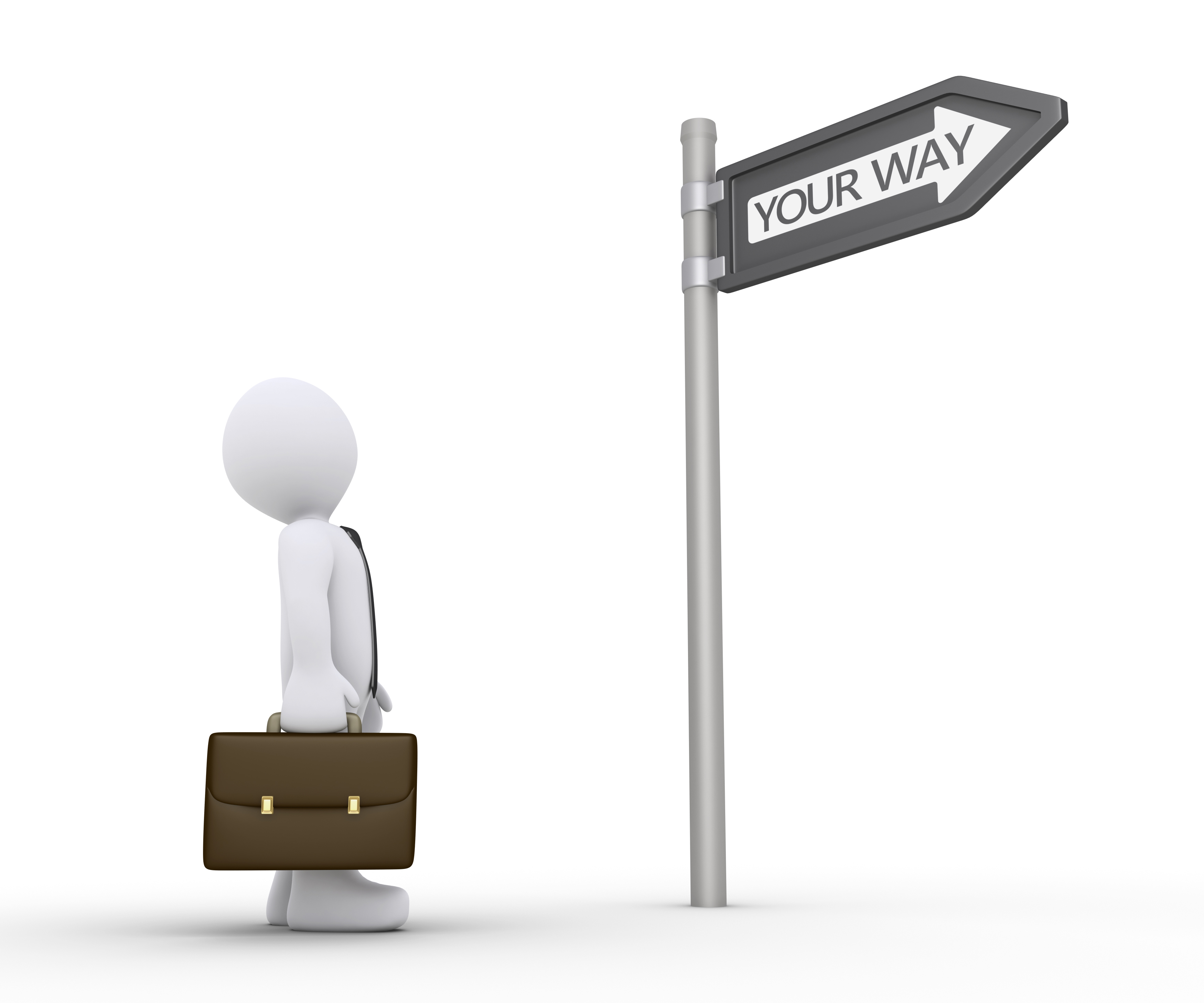 3D drawing od a business man looking to at traffic sign saying your way. Shows that Property Investing Secrets it is ok to chart your own way