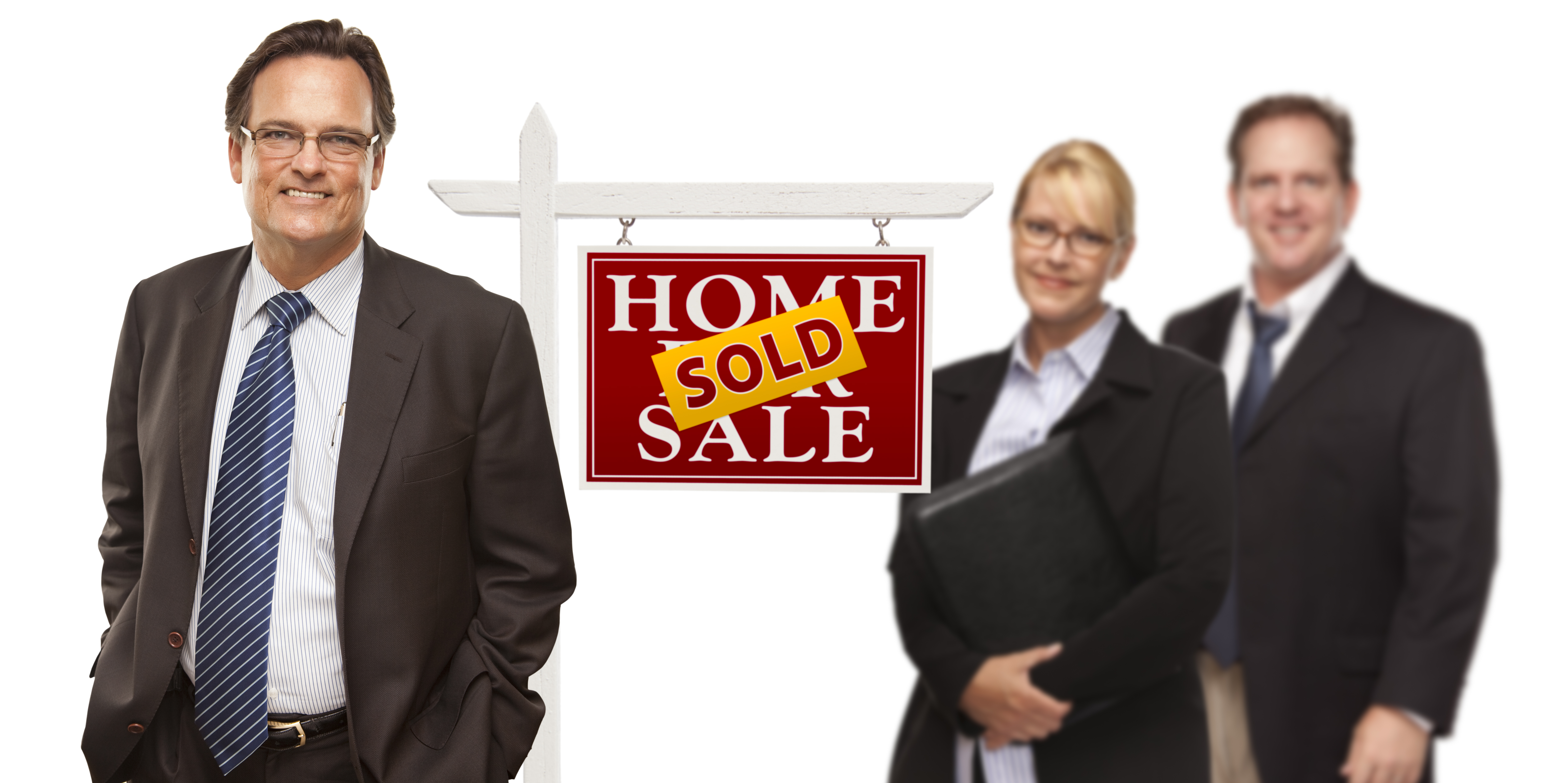Picture of 3 agents with a Home Sold sign between them. Represents that a valuable Property Investing Secret is to know how to get agents on your team