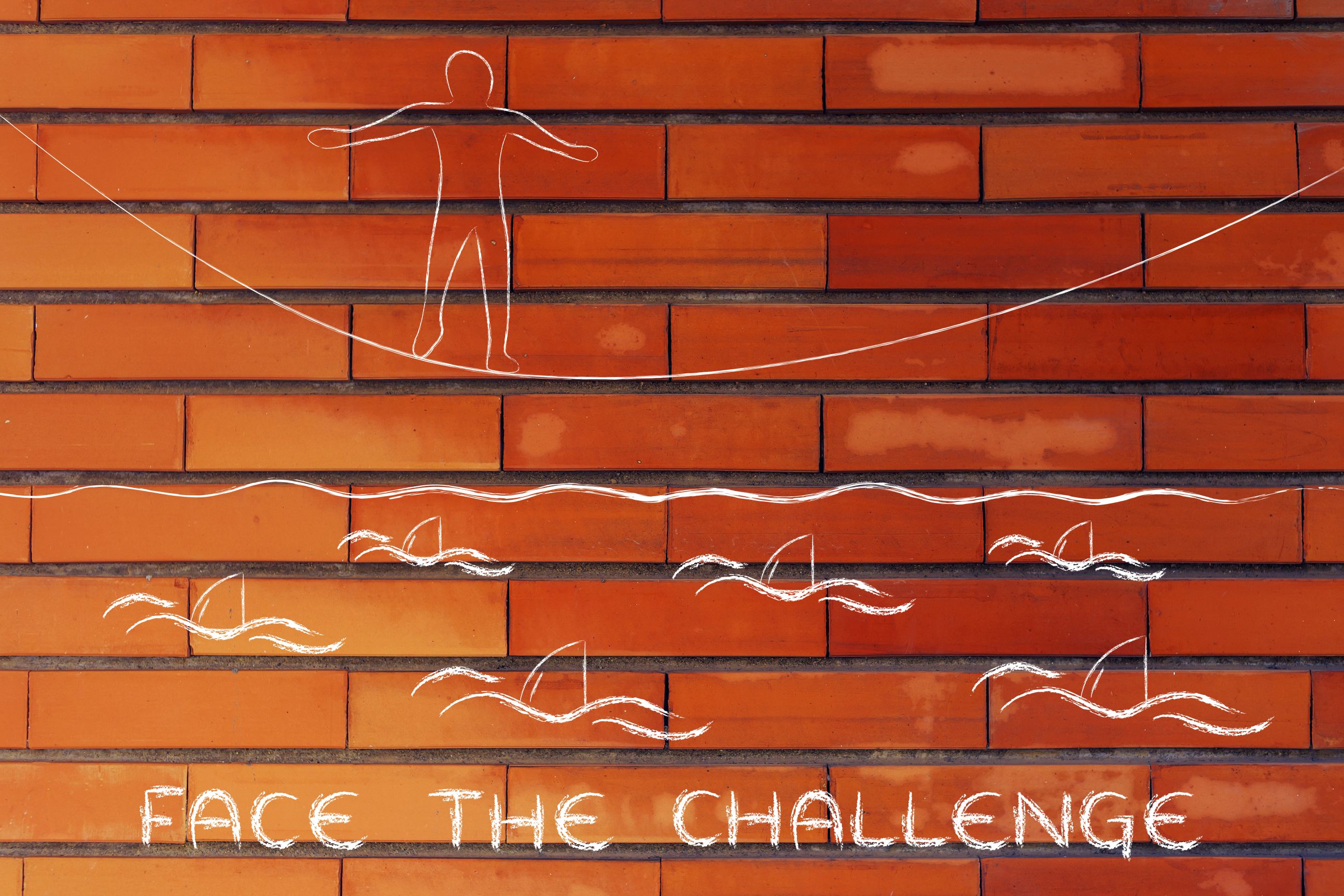 Drawing of a man crossing a slack line over a tank of shark. represents that being resilient and pushing through challenges is another Property Investing Secret